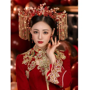 15 Stilių Kinijos Tradicinės Prabanga Nuotakos Šukuosena Elegancija Derliaus Golden Red Pearl Gėlių Ilgi Kutai Vestuvių Priedai