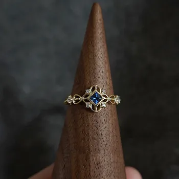 925 Sterlingas Sidabro, 14 KARATŲ Auksu Žiedas Moterims, Mėlyna Cirkonis Japonijos Retro Tuščiaviduriai Paprastas Žiedas Vestuves Papuošalai