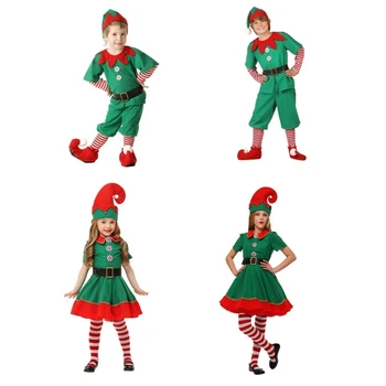 Elf Kostiumas Raudona ir Žalia Elf Cosplay Kostiumas su Skrybėlę Suknelė Mergaitės Berniukai Atostogų P31B