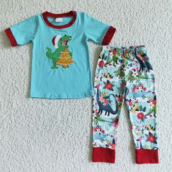 Kalėdų Siuvinėjimo Dinozaurų Sleepwear Berniuko, Nightclothes Ekologiškos Medvilnės Marškinėliai Vaikams Drabužių Rinkiniai Vaikas Kelnes Apranga Pižama
