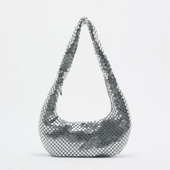 Mados Metalo Tinklelio Moterų Pečių Krepšiai Dizaineris Sidabro Lady Rankinės Prabanga Shinny Hobos Šalis Piniginės Mažas Pažasties Tote Bag