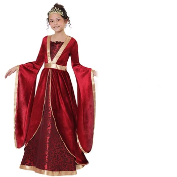 Mergaičių Halloween Apranga Mergina Maxi Suknelė Viduramžių Raudonos Aksomo Princesė Kostiumas Renesanso Cosplay Vaikams Drabužių Fantazija