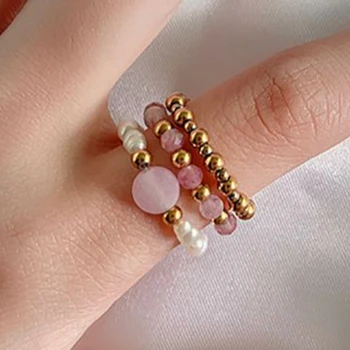 Mielas Pink Turmalinas Vestuvinis Žiedas Rinkiniai Moterims Bohemijos Rankų Darbo Natūralaus Akmens Papuošalai Gėlavandenių Perlų Žiedai Šalis