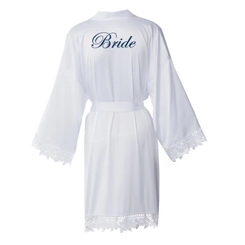 Naujas Tamsiai Mėlyna Kieta Matinis Satino Kimono Apsiaustai su Nėrinių Moterų Vestuvių Nuotakos Apdaras Chalatas Sleepwear Balta