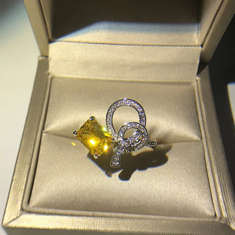 2022 NAUJŲ Sidabro Plokštelės Žiedai Moterims Geltona Lankas-mazgas Kubinių Zircona Vestuvės Vestuvinis Nuotakos Fine Jewelry Lašas Laivybos